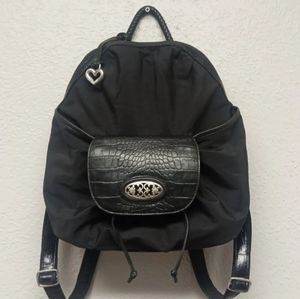 Brighton Black Croc Embossed Leather Trim Nylon Backpack Purse Lots Of pockets